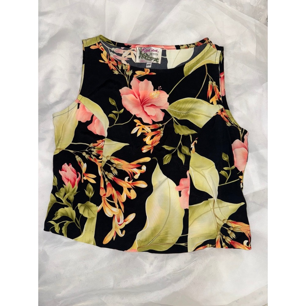 Kaua'‎ iana black pink floral tropical boxy vintage sleeveless top small petite
